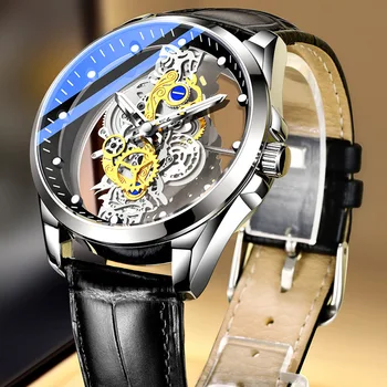 2023 Diseño De Moda De Doble Transparente Reloj De Los Hombres De Imitación Mecánico Tourbillon Relojes De Cuero Banda De Cuarzo Relojes De Pulsera De Los Hombres
