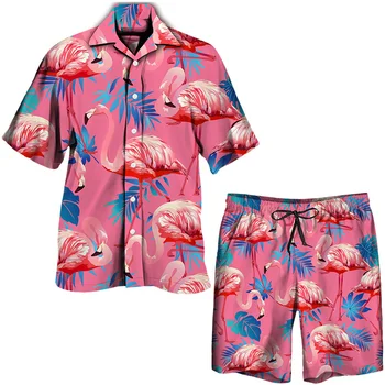2023 Nuevo Verano De Hawai Conjunto De Las Mujeres De Los Hombres Flamingo De Impresión De Manga Corta Botón De La Solapa De La Camisa/Pantalones Cortos/Traje Casual Ropa De Playa De Vacaciones