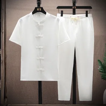 2023 Verano Nueva Moda de Color Sólido Elástico de Manga Corta T-camisa de Traje de los Hombres Casual Suelto Cómodo de Alta Calidad de Dos piezas de este Conjunto