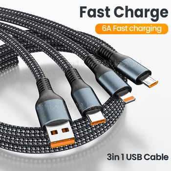 3in1 6A 120W Sobrealimentación Cable USB Para el iPhone USB Tipo C de 8 pines Micro USB Cargador Rápido de Cable de Datos Para Samsung, Xiaomi, Huawei