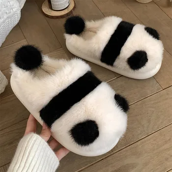 De Invierno De La Mujer De Lindo Panda Zapatillas Cálidos Pisos De Zapatillas De Casa Vellosa De Dibujos Animados Cerrado Diapositivas Suela Gruesa Suave Nube De Algodón Zapatos
