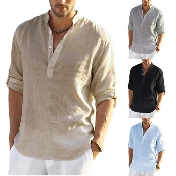 De los hombres Casual de Manga Larga Camisas de Lino de la Moda de Otoño en Primavera Ropa de cama de Algodón Blusa de Camisetas de hombre Guapo de la Camisa