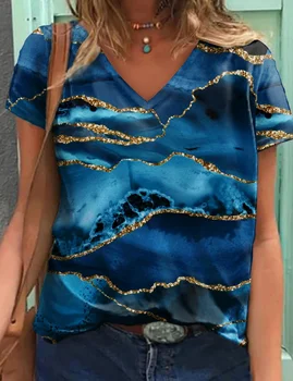 La mujer T-camisa de Verano Gradiente Dorado de Impresión V-cuello Geométrica de la Pluma de Patrón Casual 3D Tops de las Mujeres de Manga Corta de Mujer Ropa