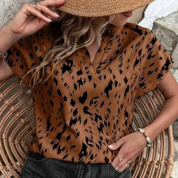 Leopardo de las Mujeres T-Shirt de Verano de la Impresión del Leopardo Tops Camisetas de Moda Casual Cuello V Femalewear Calle de gran tamaño Jersey de Ropa de Señora