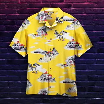 Nuevos Hombres de Hawaii Camisas Amarillas Creativo de la Pintura de Paisajes Chinos de Manga Corta Camisas Aloha Estilo Cubano Verano Más el Tamaño