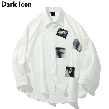 Oscuro Icono de Impresos de gran tamaño de la Camisa de los Hombres De 2019 Verano Turn-down Cuello de las Camisas de Hombres de Tres Cuartos de Manga Camisas para Hombres