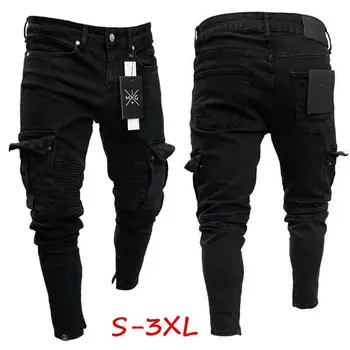 Para Hombre de la moda Slim Fit Urbano de la Pierna Recta Pantalones Negros de Mezclilla Casual Lápiz Jogger Pantalones de Carga S-3XL