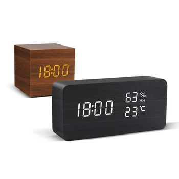 Reloj de alarma LED de Reloj de Madera de la Tabla de Control de Voz Digital de la Madera Despertador USB/AAA Electrónicos Alimentados de Escritorio Relojes