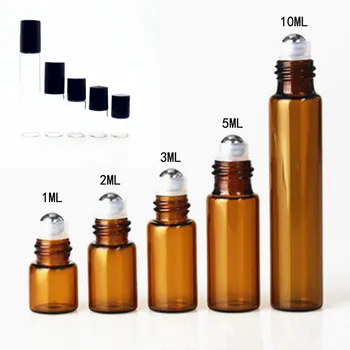 100pcs/lot Ámbar 3ml 5ML 10ML Rollo En Botellas de Perfume de Cristal Transparente de Aceite Esencial de Rodillo de Botella de Vidrio/de la Bola de Metal