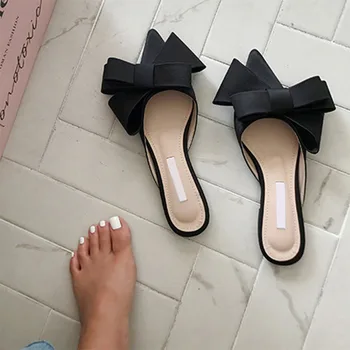 2018 primavera y verano de las mujeres zapatos de corea de seda de satén Señaló pajarita zapatillas baotou con un presupuesto fijo plana talón conjuntos semi zapatillas