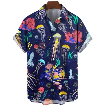 2022 Animales marinos caballito de mar Peces en 3d Patrón de Camisa Hawaiana Masculina Ropa Hombres de la Camisa de Verano Casual de Manga Corta Floja Camisas de Verano