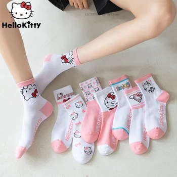 4 Pares de Sanrio Hello Kitty Calcetines Nuevos dibujos animados de las Mujeres Transpirable de Algodón Calcetines de Anime Lindo Patrón de Niña de Algodón Peinado Femenino Calcetines