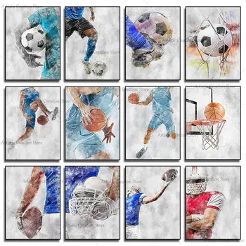 Acuarela Abstracta Baloncesto Fútbol Voleibol Carteles De Dibujos Animados De Impresión De La Lona De Las Pinturas De La Bola De Los Deportes De Imágenes De La Pared Decoración Del Hogar