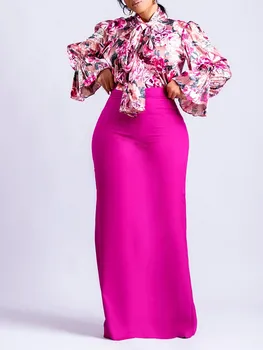 Africano, Faldas, Conjuntos De Ropa De Las Mujeres De La Camisa De Mangas Y Falda Larga Trajes De 2023 De La Moda De La Impresión Floral Elegante Señora De La Oficina Africana De Trajes