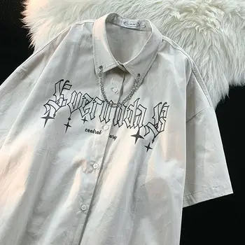 American retro letra impresa camisa de manga corta para los hombres y mujeres de verano de la suelta de cuello alto de la calle casual hip-hop par superior