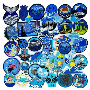 Azul parche de dibujos animados bordado Lindo Corazón de la ronda de tela engomada de Ondas de delfines de BRICOLAJE de Hierro en los remiendos de Ropa Insignia de Apliques de Decoración