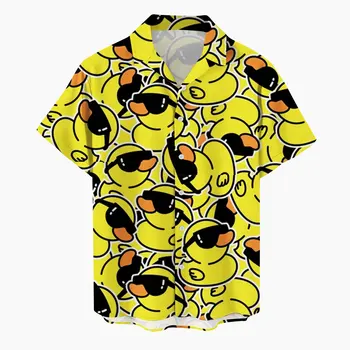 Camisa hawaiana los Hombres de la Playa de la Tendencia de la Moda Casual Camisa de Pequeño Pato Amarillo Impreso en 3D de Ropa de Alta Calidad, Plaza de Cuello de Camisa de los Hombres
