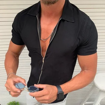 Camisas de hombre 2022 Verano de los Hombres de la Marea Nueva Marca de Moda de Color Sólido Simple Casual de Manga Corta con Cremallera Camiseta Cardigan 2022 Regalo