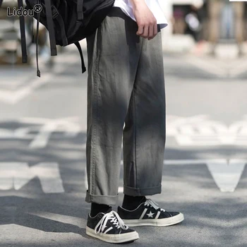 Casual Color Sólido Suelto Recta de la Moda de Pantalones Cómodos Capaz Simplicidad Guapo Cintura Elástica y Cordón de los Hombres Ropa de 2023