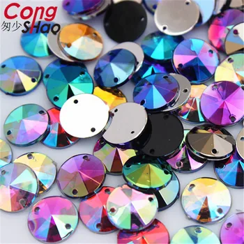 Cong Shao 500pcs 10mm AB Color de la Forma Redonda de Acrílico de diamantes de Imitación de piedras y los cristales de las planas de costura de 2 Hoyos traje Botón YB575