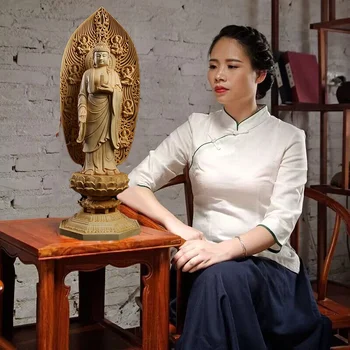 De madera farmacéutico Gran estatua de Buda de madera Maciza tallado de Lotus Torre de vivir en Casa de decoración de la habitación de artesanías 43cm / 16.89 en