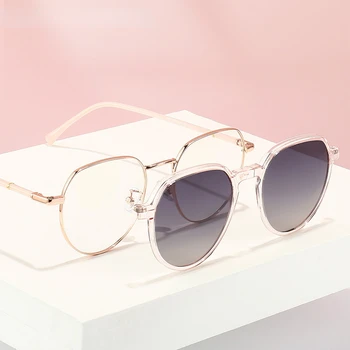 Dos-en-uno de Metal de Ojo de Gato Gafas de sol de las Mujeres Clip Magnético de la Cubierta de la Vendimia Óptica Anteojos de Marco de Diseñador de Gafas de Sol Polarizadas