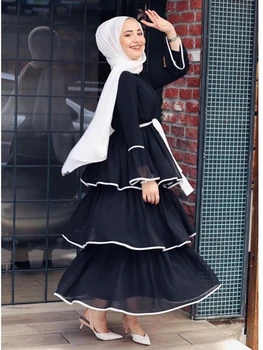 Dubai Islam Musulmanes Pastel Dulce Vestido de las Mujeres de la Manga de la Llamarada de cordones Multi-capa Plisada de la Magdalena de Vestidos de Tobillo-longitud de la Ropa Islámica