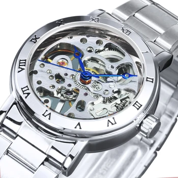 GANADOR de la Moda de Plata Esqueleto Reloj Mecánico para las Mujeres Top la Marca de Lujo de Acero Inoxidable Correa de Negocio de las Señoras Relojes Unisex