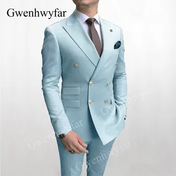Gwenhwyfar Cielo Azul Hombres Trajes De Doble Botonadura 2020 Último Diseño De Botón De Oro El Novio De Esmoquin De La Boda Al Mejor Disfraz Homme 2 Piezas