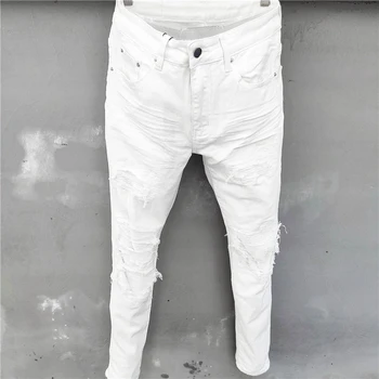 High Street White Jeans Agujero Parche Elástico De Ajuste Delgado Plisado Mens Jeans Skinny Sólido De Alta Calidad De La Moda De La Marca De Pantalones De Mezclilla