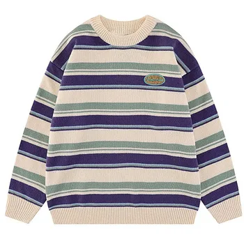Japonés De Retazos De Rayas Suéter De Los Hombres Knitwears 2023 Nuevo Invierno Retro Vintage Harajuku Jersey De Punto Suéter De Punto Bordado