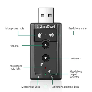 Kebidu Mini Externo USB 2.0 Tarjeta de Sonido de 7.1 Canales Virtuales en 3D 12 mbps Audio Micrófono Altavoz Adaptador para PC de Escritorio Notebook