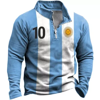 La Bandera Argentina de la Sudadera de los Hombres Casual de la Mitad de la Cremallera de la Sudadera de Cuello de Pie de la Chaqueta de la Moda de Manga Larga de la Camisa de POLO de la Bandera 3D Sudadera con capucha