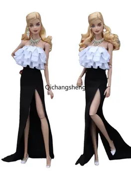 La Moda De 1/6 De La Muñeca De La Ropa Para Muñecas Barbie Trajes Set Top Blanco Y Falda Negro Para Barbie Vestido De 11.5