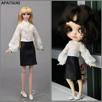 La moda juego de Ropa Para Muñecas Barbie Accesorios de Muñecas en Trajes de Hojaldre Tops de Manga Falda Negra de piel Para la Muñeca Blythe DIY Juguetes