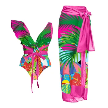 La Selva De Color Impreso V-Cuello Del Traje De Baño De Una Pieza Sexy Correa Halter Bikini Damas 2023 Moda Irregulares Cordones Vestido De Playa