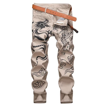 Los hombres de color caqui dragon tiger impreso de Moda los pantalones vaqueros slim fit pantalones rectos