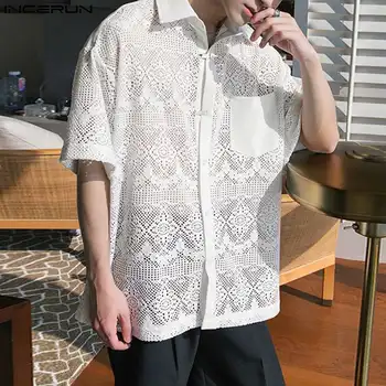 Los hombres de la Camisa de Malla de Encaje Transparente Suelto Hueco de la Solapa de Manga Corta de los Hombres de la Ropa Streetwear 2023 Sexy de la Moda de Camisas INCERUN 7
