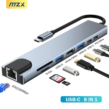 MZX 8 en 1 Estación de Acoplamiento 4K Compatible con HDMI HDTV 100M RJ45 SD TF Lector de Tarjetas USB-C Hub USB 3 0 Tipo C 3.0 Concentrador de Muelle