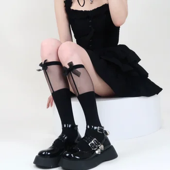 Negro Calcetines de la Rodilla de Estilo Japonés Chicas Dulces lazo de Encaje de las Medias de JK Lolita de Nylon medias de las Medias de Patchwork Pura Kawaii 1par