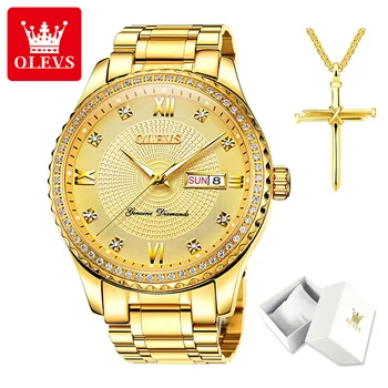 OLEVS Relojes de Diamantes de los Hombres Machos de Oro de Lujo Casual Analógico de Cuarzo Relojes Días Calendario de la Fecha de Negocios Reloj de Vestir de Negocios