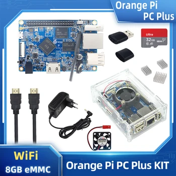 Orange Pi PC, Además de H3 Quad-core 8GB EMMC WiFi Opcional Acrílico Caso Ventilador de Refrigeración del Disipador de calor de la fuente de Alimentación compatible con HDMI OPI PC Plus