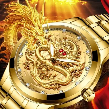 Original de Dragon Reloj de Lujo de Acero Inoxidable de Oro de la Moda Impermeable de los Hombres de Negocios Reloj que brilla en la Noche