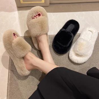 Piel sintética Esponjosa Zapatillas de Mujer ropa Exterior de Otoño y de Invierno de la Casa coreana Dedo del pie Abierto Plana de Felpa de Algodón Zapatillas Zapatos Pantuflas