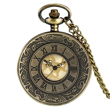 Retro Bronce Hueco Flip Reloj de Bolsillo de Cuarzo Números Romanos de Oro de línea del Reloj de Moda y Durable de la Cadena Collar Colgante de Regalos