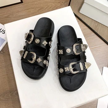 Retro Hebilla del Cinturón de la Plataforma de los Zapatos de Mujer de Verano Remaches Decorativos Pisos Zapatillas Cómodas ropa Exterior Diapositivas Chica Casual Zapatos
