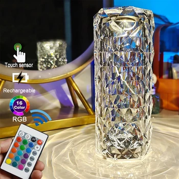 Rosa Lámpara de Cristal de las Lámparas de noche Para el Dormitorio De 3/16 Colores Ajustable Romántico Diamante Atmósfera de Luz Touch USB lámpara de noche