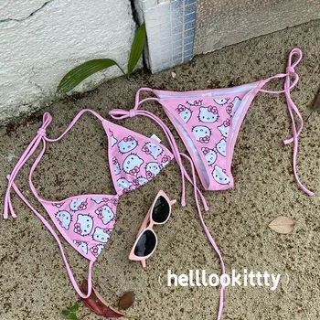 Sexy Bikinis De Hello Kitty Sanrio Impresión De Anime Yk2 Ropa De Playa De Surf Biquini Mujeres Trajes De Baño De Micro Tanga Brasileña De Trajes De Baño