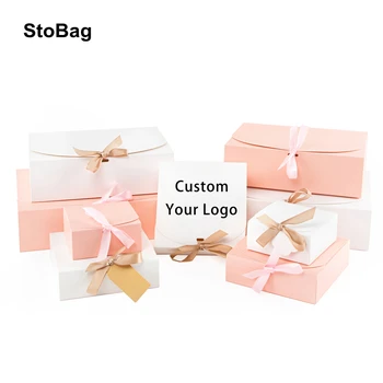 StoBag 2pcs Blanco/Rosa Caja de Regalo de Boda de la Fiesta de Cumpleaños de los Favores de Almacenamiento de Ropa hecha a Mano de Galletas Apoyo de Personalización