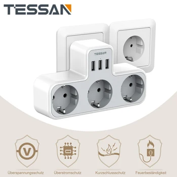 TESSAN 3-Enchufe con USB de Protección contra Sobretensiones, 6-en-1 Adaptador de Enchufe con 3 Puertos USB de 5V/2.4 a para Smartphone, ordenador Portátil, Cámara
